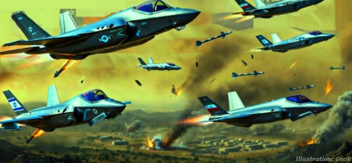 The image represents US, Israel's war against Iran in Middle East.